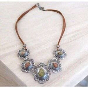 Unakite Tear Drop Stone Southwestern Medallion Stainless  Necklace  Statement